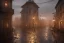 Placeholder: Small medieval fantasy town, rainy, street lights