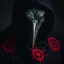 Placeholder: Close-up of a figure shrouded in a dark, hooded cloak, wearing a grotesque bird-like mask. The mask's features are deeply etched and contorted, with a single, prominent red eye. Crimson symbols, like stylized targets or occult sigils, are painted on the black cloak in a distressed, almost blood-like style. The figure's expression is disturbingly intense, and the overall atmosphere is dark, eerie, and ominous. High contrast lighting emphasizes the mask's details, casting deep shadows on the fa