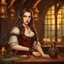 Placeholder: An arrogant looking young woman with pale skin and long brown hair in a fantasy tavern setting with intricate details. She is smirking, a tavern wench, has red eyes, an air of malevolent power surrounds her. High definition.