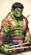 Placeholder: a hulk eating sushi with chopsticks, wearing a colorful kimono, 8