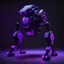 Placeholder: neon black and purple quadrupedal robot with a 3D hexagon for a head in a pitch black room