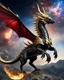 Placeholder: Full body photography of Dragon King army, riding a flying dragon in the sky, using luxurious battle armor design, made of black and gold metal plates, metal crafts with radiant diamond luster, on the outer surface luxury decoration of very small diamond stones, red diamond stones, Milky Way galaxy background