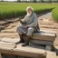 Placeholder: Archimedes, the renowned mathematician and inventor, sits on a weathered hydrodynamic water screw in wood, he is in front of a vast field marred by failing irrigation ditches. In his hands, he holds a smartphone, a device of unparalleled computational power that has bridged the gap between antiquity and the present day.
