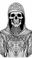 Placeholder: skeleton with hood tattoo, coloring book page, clean line art, adults drawing book, Black and white only, crisp black lines, sharp lines, coloring page for adults, black and white picture, lots of details, full body