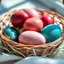 Placeholder: digital photograph of off-center modern basket colorful Easter eggs. eggs display intricate textures in azure, emerald, blush,red, crimson, sapphire,metallic cinematic HDR backlighting highlights subtle dimples and glossy reflections, with shallow depth of field softening the sunlit background. hyperrealistic 8k resolution,