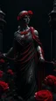 Placeholder: The statue of Justice, dripping with blood, wears a red blindfold. She carries a scale full of blood-red flowers, and poppies grow from underneath her and climb up the statue. Dark garden background. Dark garden background cinematic.