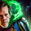 Placeholder: Kevin Bacon as Mysterio, Marvel, Green mist, dead spider man, MCU Multiverse, Zombie Avengers, Purple Background, Green clouds, Wearing helmet, Mist in helmet, Evil Dead Cabin, Necronomicon Book,