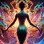 Placeholder: Hyper detailed back silhouette of woman dancing, wearing elegant clothes with a whip in her hand, iridescent intricate background, dance music style, 8K, octane rendered, unreal engine, 3d graffiti art, splash art, street art, spray paint, oil gouache melting, acrylic, high contrast, colorful polychromatic, ultra detailed, ultra quality, CGSociety