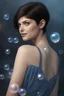 Placeholder: 3D Bubbles, 3D Hearts, fog, clouds, somber, ghostly mountain peaks, a flowing river of electric water, fireflies, a close-up, facial portrait of a totally gorgeous Alexandra Daddario with short, buzz-cut, pixie-cut Black hair tapered on the sides, wide open, cobalt blue eyes, smiling a big bright happy smile, wearing a hoodie over a red bikini, in the art style of Boris Vallejo