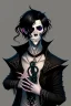 Placeholder: black haired young man necromancer wizard with gothic jewelry and tentacle fingers in the style of H. R. Geiger