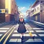 Placeholder: anime girl walking down a yellow brick road, holding a bow with arrow , road signs, arrows, direction into the street