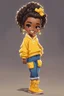 Placeholder: Create a detailed and vibrant illustration of a chibi-style character with dark skin and curly hair tied back in a high ponytail with a yellow scrunchie. The character is wearing a yellow off-shoulder sweater, blue jeans, and tan-colored boots with fluffy white trim. The character has a confident and cheerful expression, with large expressive eyes and a bright smile. Add gold hoop earrings and a heart-shaped necklace. The character should be standing in a dynamic pose with one hand on their hip,