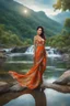 Placeholder: full shot body photo of the most beautiful artwork in the world featuring model, happy mood, High Detail, dramatic, photo realistic, ultra sharp, ultra hd, hyper realistic, ultra realistic, ((((dress)))), trending on artstation, sharp focus, studio photo, intricate details, highly detailed, standing in nice pose in country side with river ,water fall ,rocky valley,mountains at background, pretty clouds