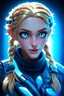 Placeholder: a close up of a person on a skateboard, by Andrei Kolkoutine, trending on cgsociety, digital art, blonde braids and blue eyes, futuristic ballroom. big eyes, epic cold blue lighting, 8k