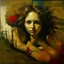 Placeholder: woman sitting on the beach. Contemporary art