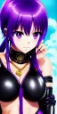 Placeholder: Detailed cute anime Kunoichi girl,big boobs,sexy ,drinking milk ,purple hair buns, purple bangs, black latex suimsuit, intricate details, full body portrait, keep head in frame, slight smile, black Japanese motif, concept art, highly detailed, digital painting, concept art, sharp focus, illustration, art by Yoji Shinkawa, WLOP and greg rutkowski and alphonse mucha and artgerm and yanjun Chen and Junji ito and Makoto Shinkai, HDR, octane render