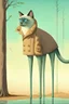 Placeholder: Surrealist minimalist illustration of [siamese cat] with extremely long slender legs, standing in [forest], wearing [a raincoat], under [tree]. Calm composition, full body view, centered, soft pastel gradients in the background, textured painterly style, smooth shading, clean lines. –no multiple characters, no clutter, no photorealism, no busy background