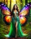 Placeholder: Gorgeous Photography Realistic Natural Beautiful butterfly woman straddle wings with gown shiny brown flowing hair, glitter colorful butterfly wings, lovely glowing green eyes, surrounded by magical colorful forest and flickering lights, digital photography, kaleidoscope, vibrant colors, vivid colors, colorful,she wak in magic forest full sparkling light