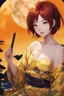 Placeholder: (Asian), short hair, fiery red hair hair, normal hands yukata, yellow clothes, 8k, best quality, winking, very dark night time, lighting from moon yellow moon, perfect, masterpiece, anime style, cartoon style,