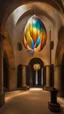 Placeholder: Une chrysalide géante du "Tithorea tarricina" émettant une lumière multicolor accrochée dans un vieux caveau voûté, la chrysalide est composée de matériaux reflétant l'environnement et des parties transparentes où l'on aperçoit des formes organiques