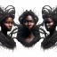 Placeholder: Painting .three women. A mother. Two daughter. Twins. A mother with her children. three young black women. wood nymphs emerging from the forest. Her hair looks like vines. Dreadlocs. Her skin is the colour of dark soil. Her skin looks like tree bark. Her clothing is made of vines, grass and leaves.