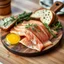 Placeholder: Prompt: "Thinly sliced gravlax garnished with fresh dill, served on a wooden platter with mustard sauce and rye bread slices. Captured in 8K with soft Nordic lighting."