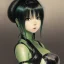 Placeholder: Detailed cute anime Kunoichi girl, green hair buns, greem bangs, black latex bodysuit, intricate details, full body portrait, keep head in frame, slight smile, black Japanese motif, concept art, highly detailed, digital painting, concept art, sharp focus, illustration, art by Yoji Shinkawa, WLOP and greg rutkowski and alphonse mucha and artgerm and yanjun Chen and Junji ito and Makoto Shinkai, HDR, octane render