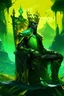 Placeholder: rei moreno adolecente com armadura verde neon e preto sem capacete com uma coroa dourada , sentado em um trono em 2075 com paisagem bonita atras dele