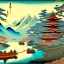 Placeholder: Ukiyo-e styled art, stream, mountain, sun, family on a boat