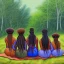 Placeholder: Octane rendered. .a group of women.five young black women sitting around a fire. Black Sisters. Sitting and Standing together. 4k Painting. Detailed. Fine details. the faces of 5 young black women. Young women sitting wood nymphs emerging from the forest. THeir hair looks like vines. Dreadlocs. Their skin is the colour of dark soil. their skin looks like tree bark. Their clothing is made of vines, grass and leaves.