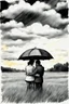 Placeholder: Two lovers under an umbrella, in a meadow, clouds, rainy, with sun breaking through clouds and rain. Sketch drawing, ultra high detail.