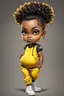 Placeholder: Create an airbrush image of a curvy chibi cartoon black female wearing a yellow jogger set and black sneakers. Prominent make up with hazel eyes. Extremely highly detailed of messing curly bun