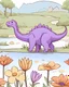 Placeholder: cute dinosaur colored with basic colors, full body, defined lines, no shadows, white background, clear and well, without shadows, this dinosaur is eating flowers in the border of lake