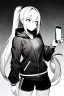 Placeholder: blonde girl with ponytails dressed in a jacket and shorts use cell phone's flashlight to get some light in the dark, greyscale