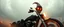 Placeholder: style John Atkinson Grimshaw,3d airbrush render, cut out darkling slender gnome on huge chopper bike with bright aura , pinhole cam, airbrush 3d rendering, torn edges on helmet visir border, character reaches outside border