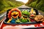 Placeholder: World Class Photograph of 3 Sesame Street muppets sitting in a convertible car and smiling on their road trip - one is Kermit the Frog, one is Cookie Monster, and one is Donald Trump