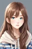 Placeholder: shy korean anime girl with long brown hair and blue eyes with a brown and creme striped hoodie