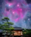 Placeholder: Japanese tea house in outer space with a nebula and otherworldly trees