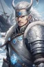 Placeholder: in anime style, 1man, a man with blue eyes and grey hair man in silver Viking armor with fur around the neck with blue crystal on his chest holding an axe in his hands standing on a pirate ship in the artic, warrior in anime style,