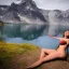 Placeholder: a sensual fantasy adventurer woman resting near a lake in the mountains