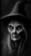 Placeholder: pencil drawing of old witch, Spooky, scary, halloween, realistic, black paper