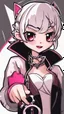 Placeholder: A close picture to blind cute vampire with white and pink short hair, slave, Tusks, malicious smile, Handcuffs, Weapon handcuffs in Stop-motion animation model with dynamic art style witg