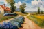 Placeholder: Sunny day, clouds, dirt road, flowers, mountains, big rocks, trees, sci-fi, winslow homer watercolor paintings