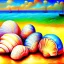 Placeholder: Dibujo al oleo de Conchas pintadas con nubes de colores en la orilla de la playa, con nubes de colores, barcas, con estilo de Van Gogh 4k