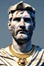 Placeholder: Realistic image, Roman sculpture made in white marble with gold veins, Lionel messi with gold laurel leaves crown, two blue brushes, decorative star on the chest, waist up portrait, marble material, gold ornaments, Baroque style, sun rays background, epic, celestial, cinematic lighting, God lights, 4k resolution, smooth details, soft lighting, unreal engine 5, art station, substance 3d.