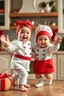 Placeholder: Hyperrealistic 3D images of beautiful 18-month-old babies dressed as chefs in a kitchen with a Christmas atmosphere, dancing and wishing a Merry Christmas.