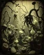 Placeholder: A daguerreotype-style close-up image of a surreal background inspired by Hieronymus Bosch and Max Ernst, featuring twisted organic forms, decaying botanical elements, and strange vegetal growths that seem to pulse with unnatural life. The entire scene is bathed in soft, ambient lighting that creates an otherworldly atmosphere, with areas of deep shadow contrasting against the pale, spectral glow of the figures.