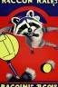 Placeholder: old man in 1928 poster advertising racoon tennis, raccons flying in air between tennis rackets while humans::4 use them as a tennis ball