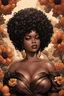 Placeholder: Create a comic book art image of a curvy black female wearing a brown off the shoulder blouse and she is looking down with Prominent makeup. Highly detailed tightly curly black afro. Background of large brown and black flowers surrounding her