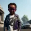 Placeholder: Zaire beetz toddler, full body, leather jacket, floral shirt, floral skirt, Nike sneaker, soft skin, city background, dramatic lighting, hyper realistic